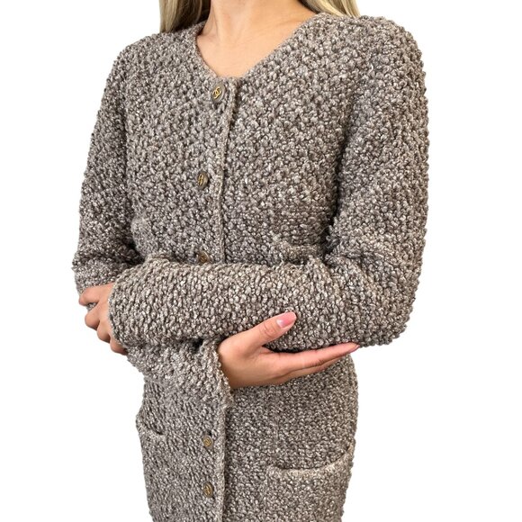 CHANEL Vintage 93A CC Mark Logo Button Long Coat #38 Greige Wool Pocket [105056] - Picture 2 of 13